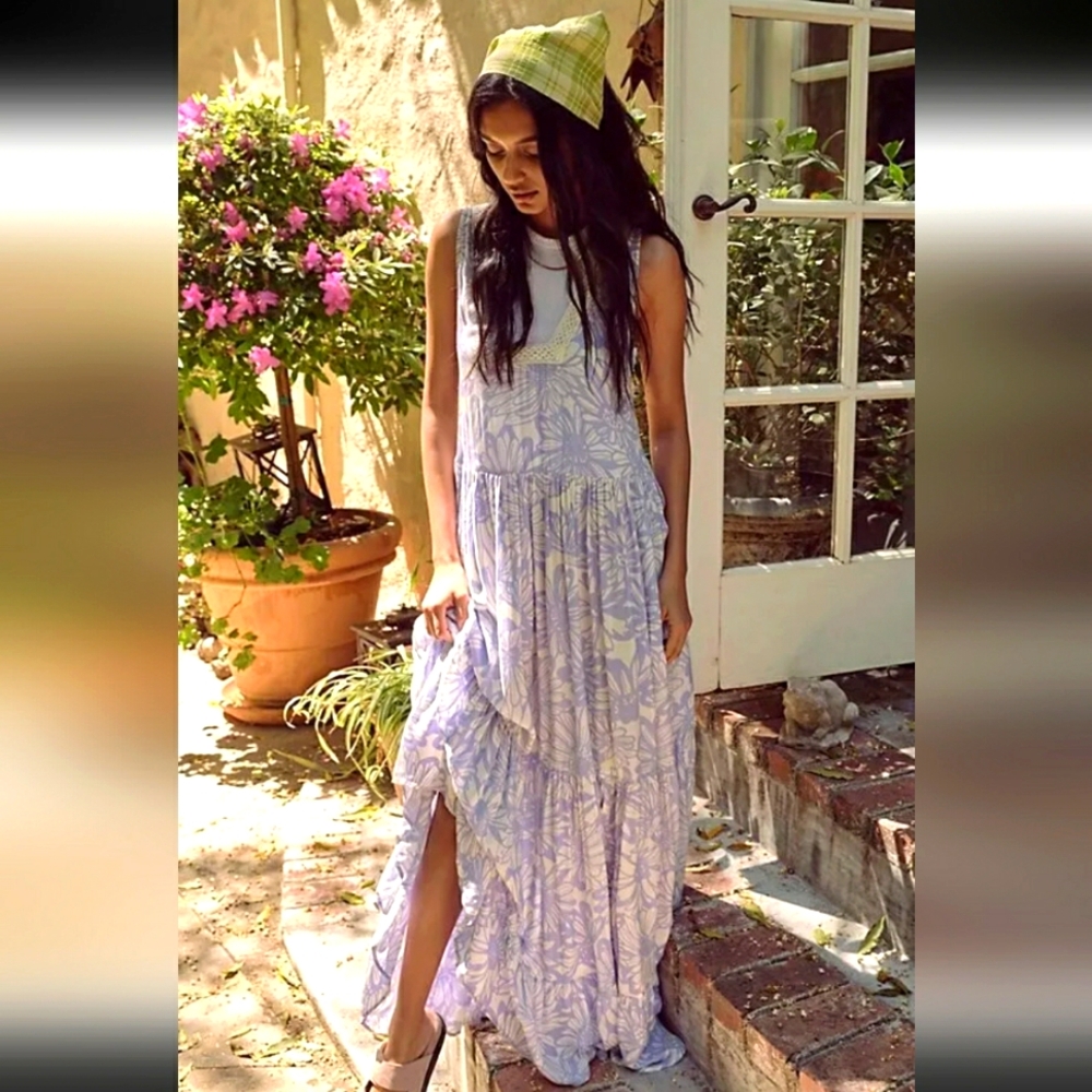 New!Free people slip on boho-chick tier cornflower combo maxi dress Cottagecore